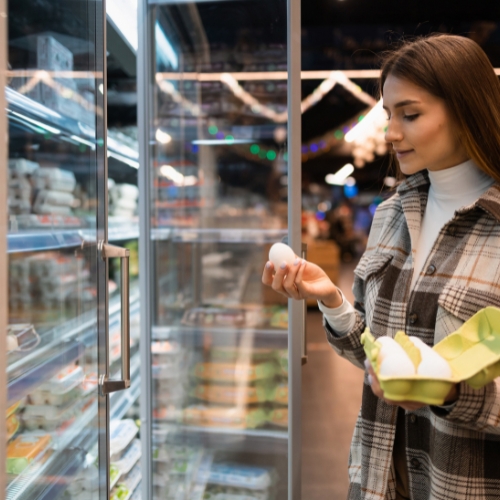 consumer choosing eco friendly packaged products on a store shelf