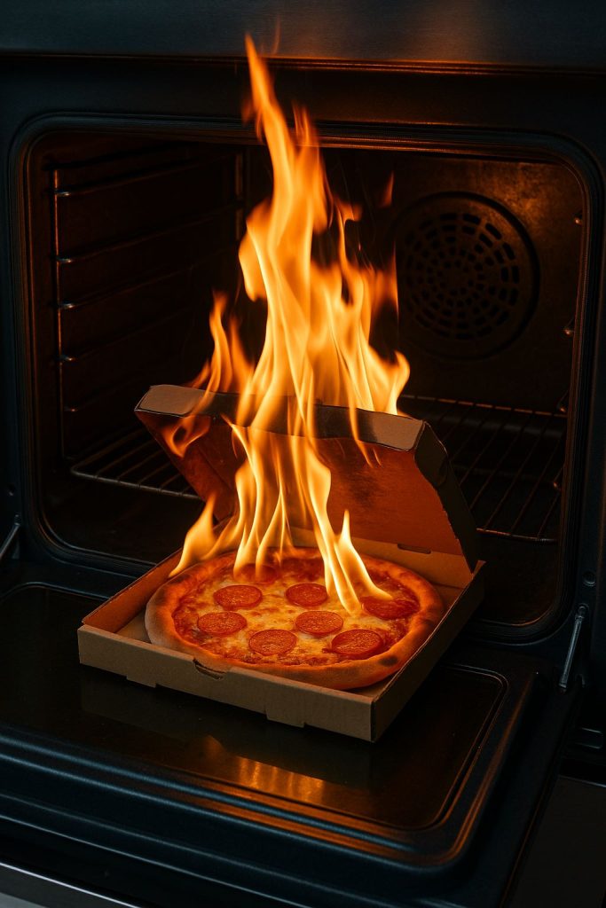 the pizza box caught fire in the oven.