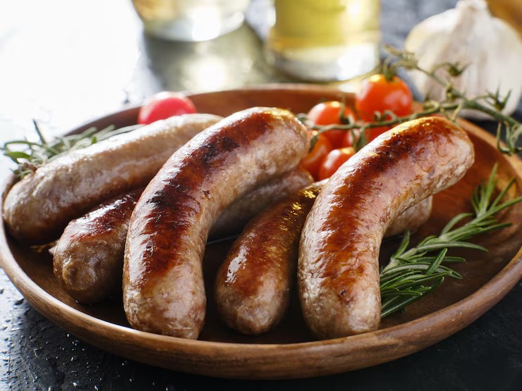 plate german bratwurst sausages with herbs