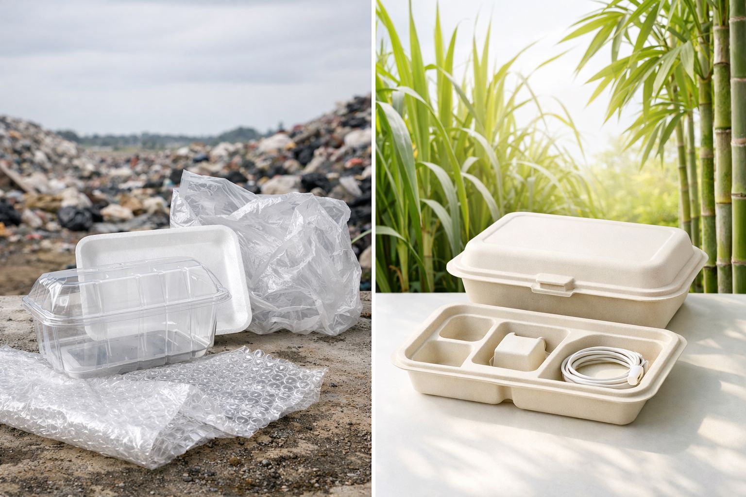 plastic packaging vs. sugarcane pulp packaging