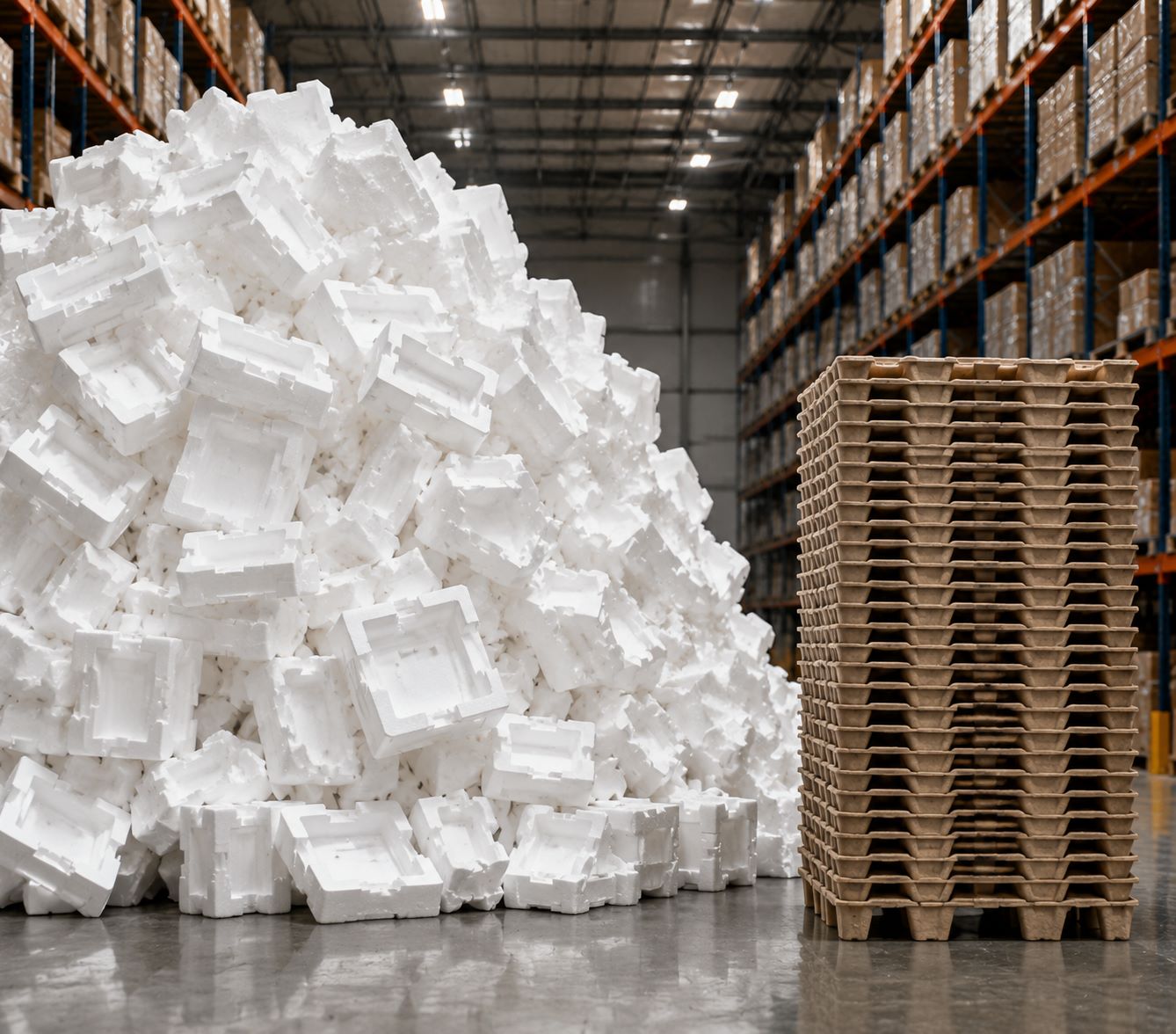 space saving nestable molded pulp trays stacked tightly together to reduce warehouse storage volume