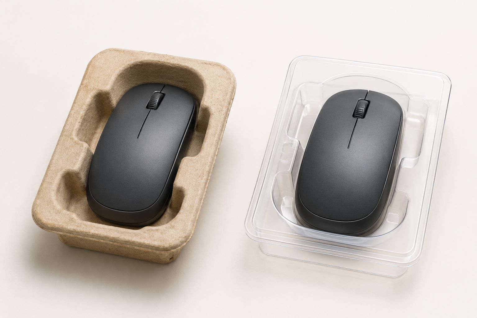 natural, protective molded fiber vs. transparent, precision formed plastic